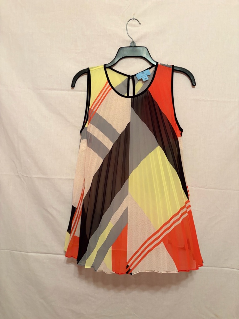 CeCe Colorblock Pleated Sleeveless Top in Coral, Yellow & Black